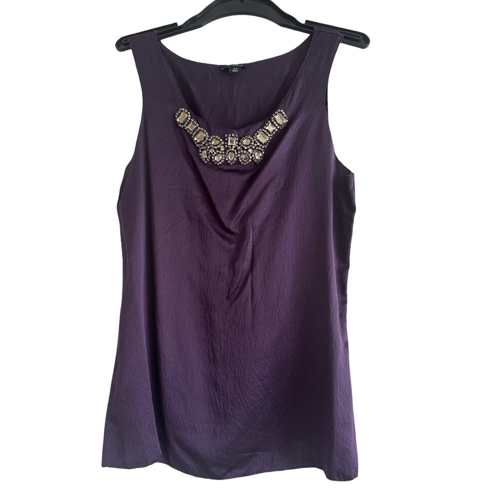 Ann Taylor Deep Plum 100% Silk Sleeveless Rhinestone Embellished Tank Top